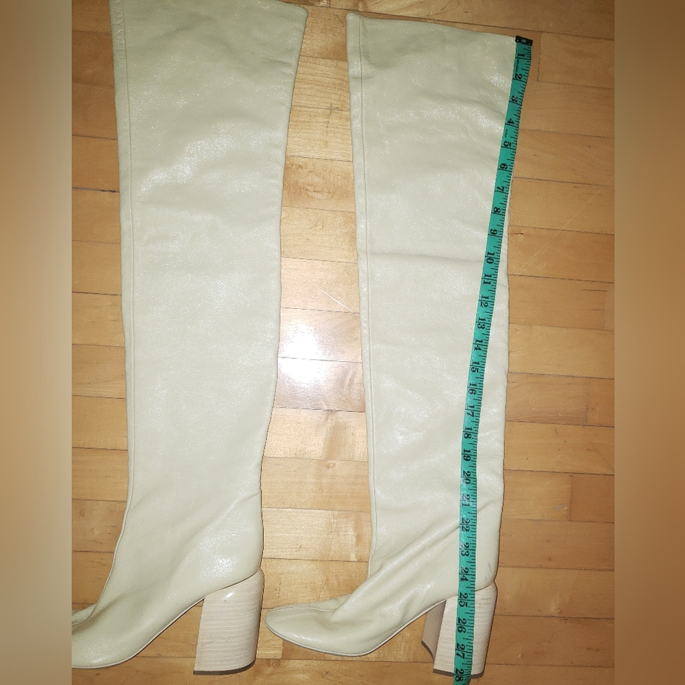 Jil Sander Cream 100% lambskin leather thigh high round toe block heel boots 10 - Picture 13 of 16